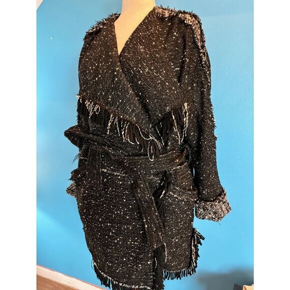 Free People UO Fringe Trim Open Front Coat Jacket Lined Self-Tie Belt M Black - Picture 3 of 10